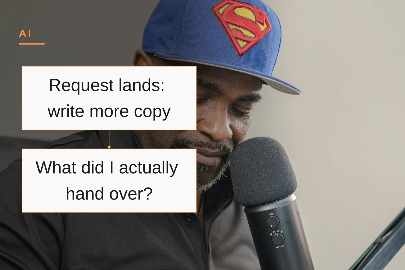 Atiba de Souza wearing a blue baseball cap with a Superman logo, seated in front of a microphone. The cover reads: AI Request lands: write more copy What did I actually hand over?